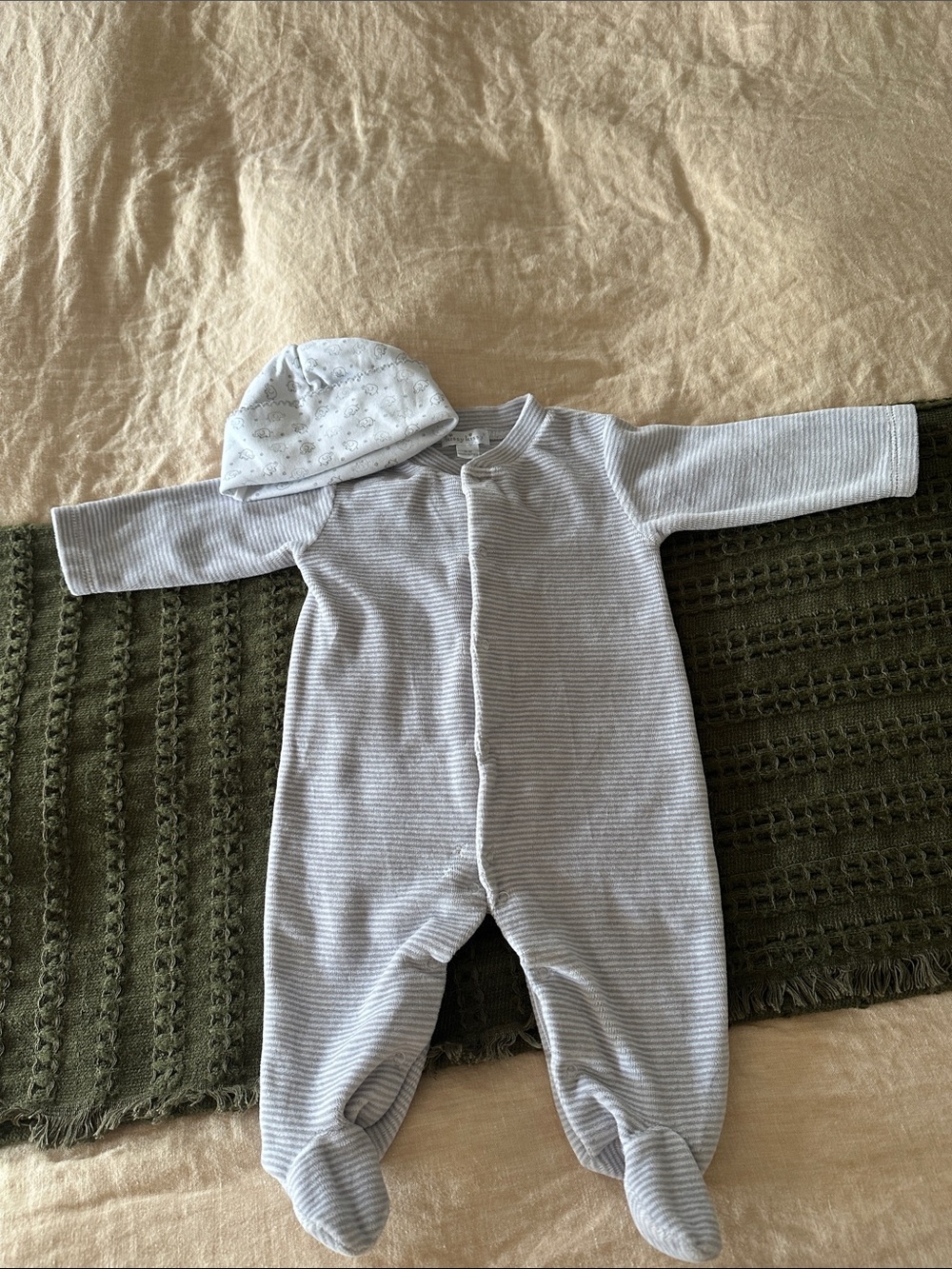 Kissy Kissy Light Gray Stripe Footed One-Piece and Hat